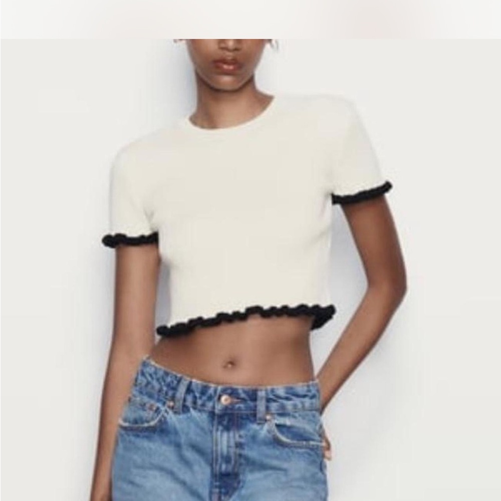 Women's White and Black Trim Top